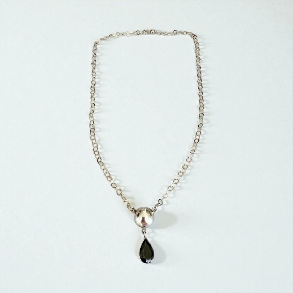 Vintage Sterling Silver Black Onyx Drop Necklace Modernist 16”